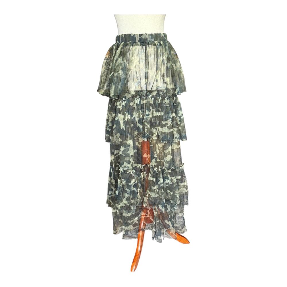 Camouflage Sheer Maxi Tiered Skirt Y2K Elastic Waist Statement Mesh Layered L